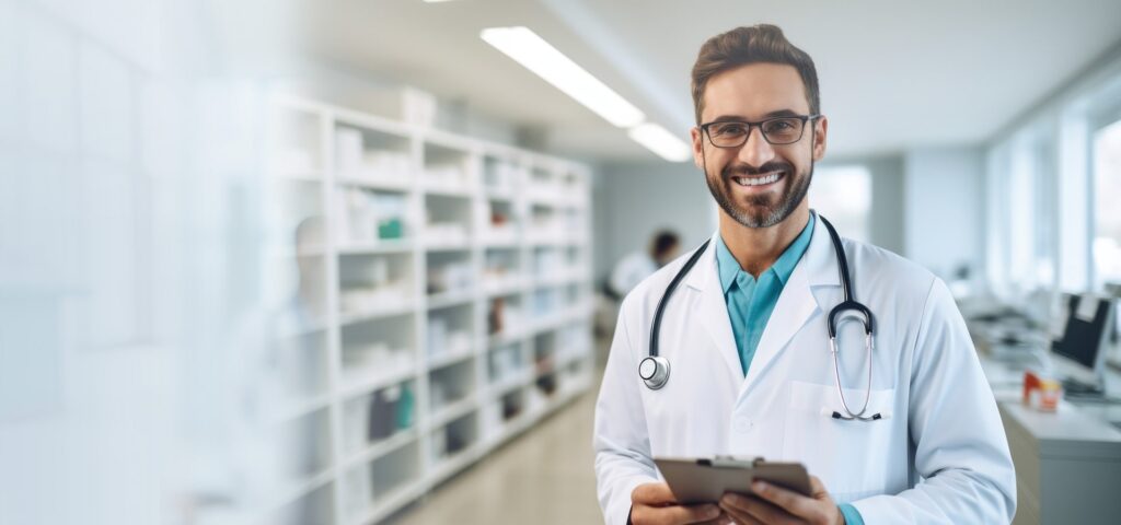 smiling doctor holding clipboard